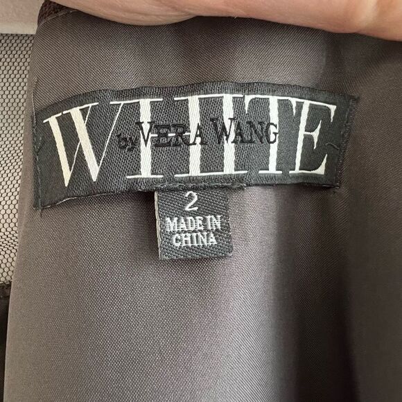 White by Vera Wang Gray Sheer Mini Bridesmaid Dress Illusion Neckline Belted 2 - Picture 12 of 14